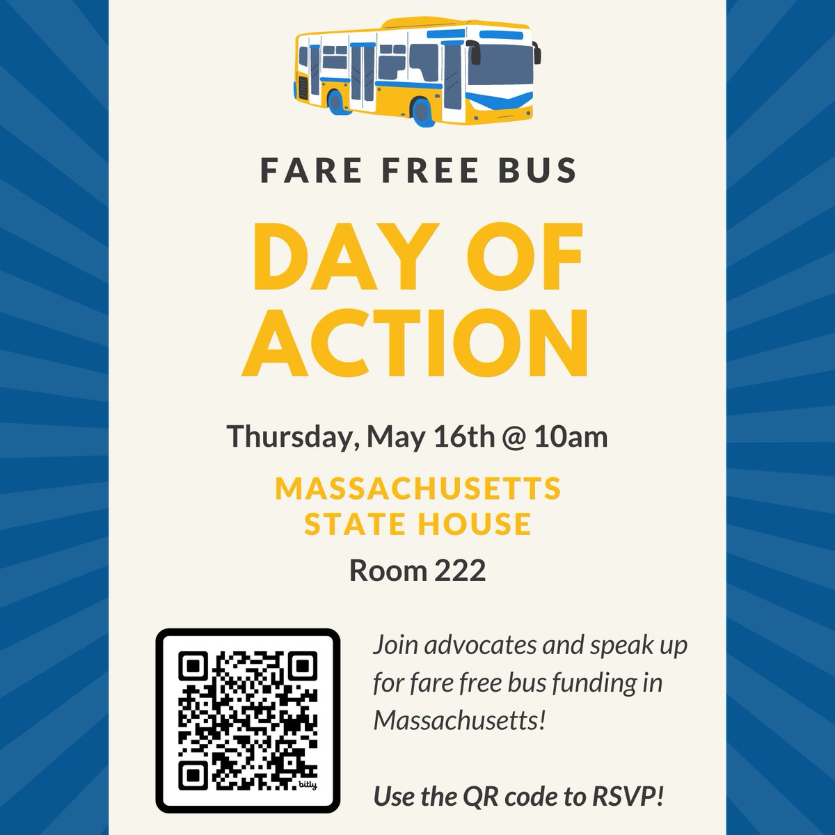 📢Attention #FareFree bus advocates! Join us at the State House next week to support fare free bus funding in the state budget. Learn more + RSVP: bit.ly/FareFreeAction 🗓️Thursday, 5/16 @ 10am 📍MA State House, Room 222