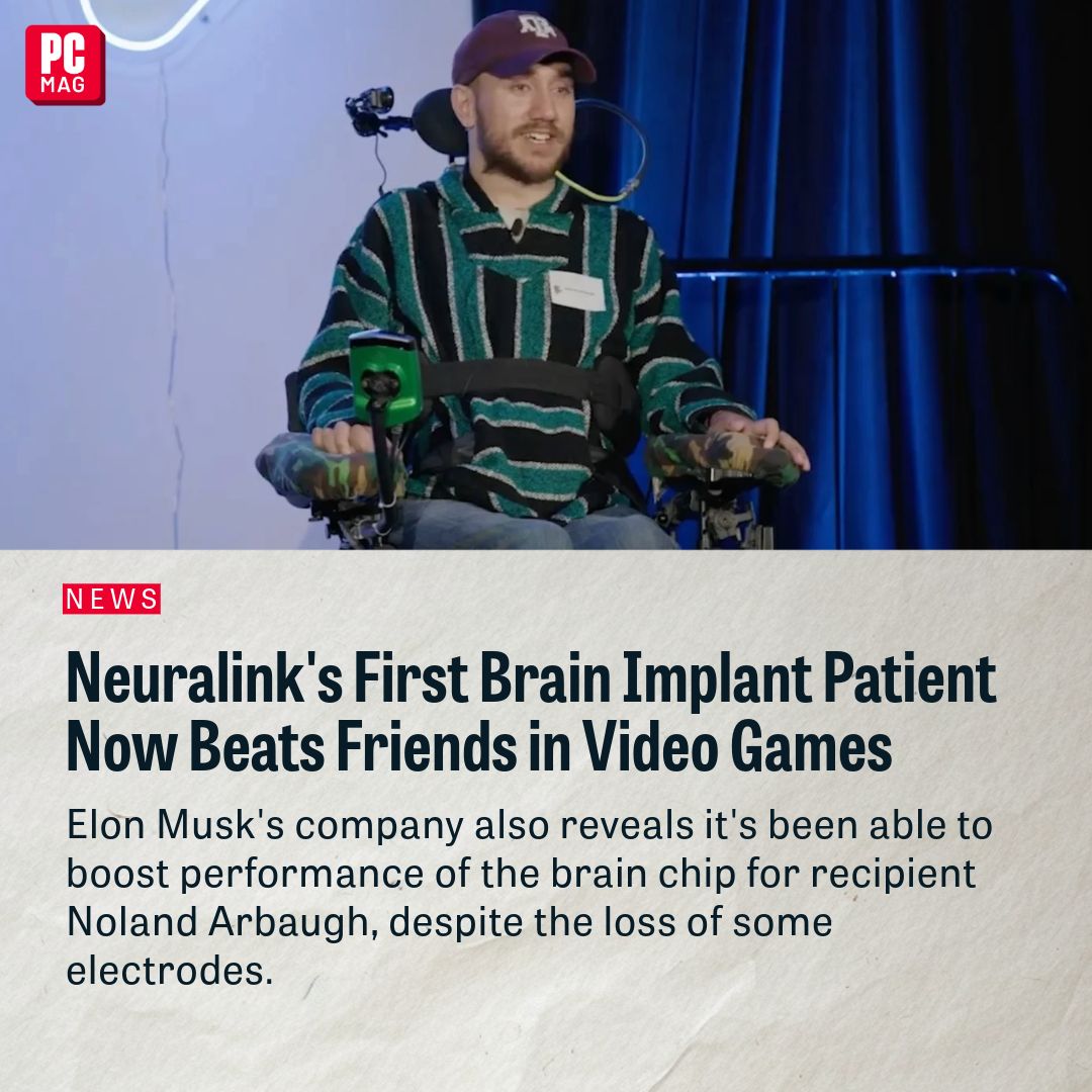 Noland Arbaugh, Neuralink’s first human patient, has reportedly become so adept at using the company’s brain implant that he can now beat other players at video games. pcmag.com/news/neuralink…