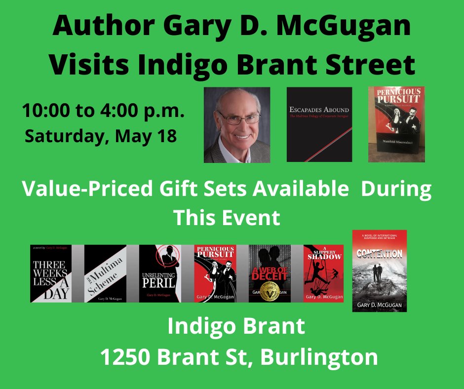 Today, from 10:00 at Indigo Brant! I'll be signing copies of all 7 of my suspense titles, and look forward to chatting with you about my books and experiences!

#books #bookstore #booktok #instabook #booklovers #awardwinner #bookswithspice #GreatReads #indigo  #BooksWorthReading