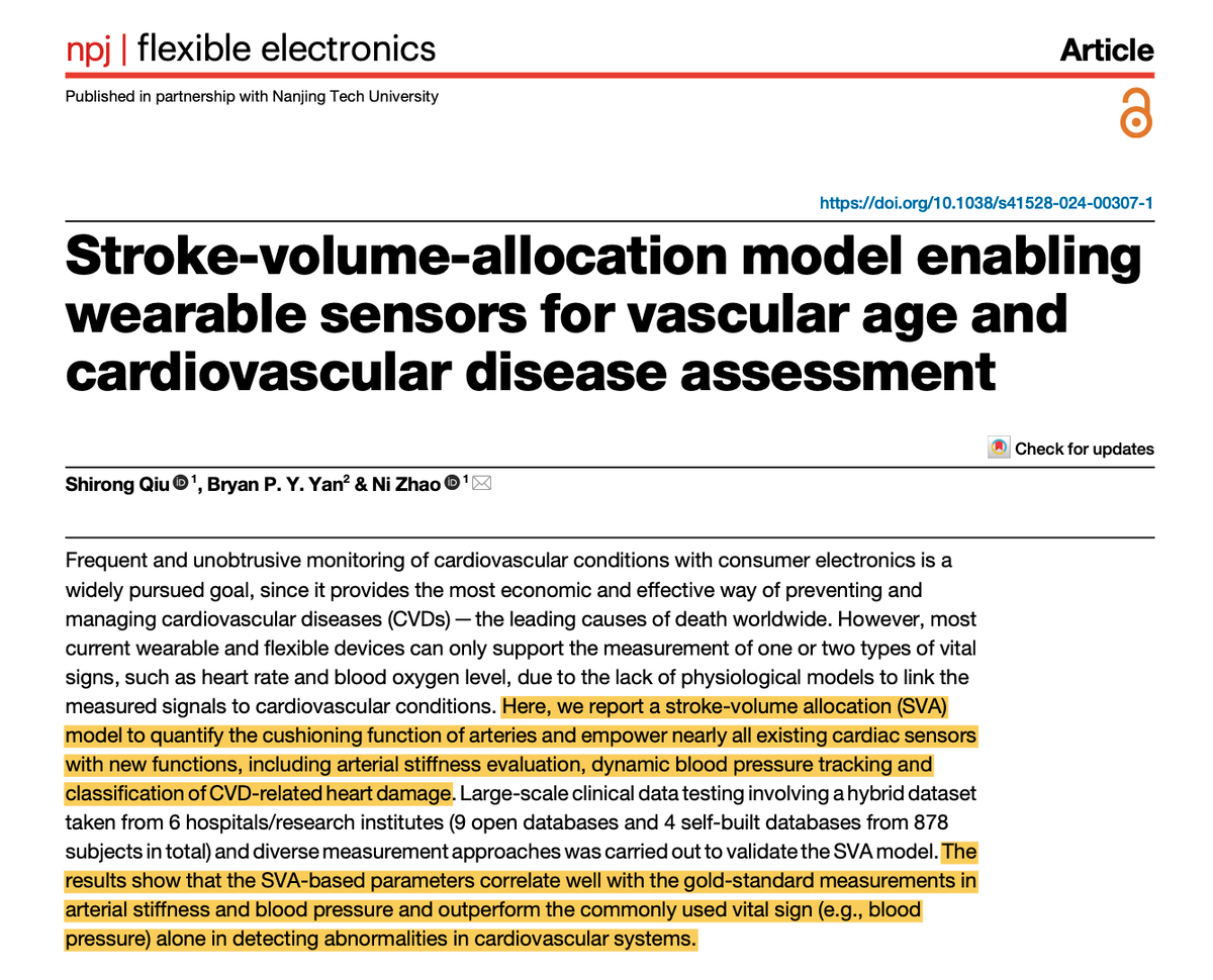 Potential new use of wearables.... real-time assessment of vascular age & cardiovascular health! Using commercially available devices (e.g., ECG measurements from Apple Watch, PPG measurements from a smart ring), this study used a stroke-volume-allocation model to estimate