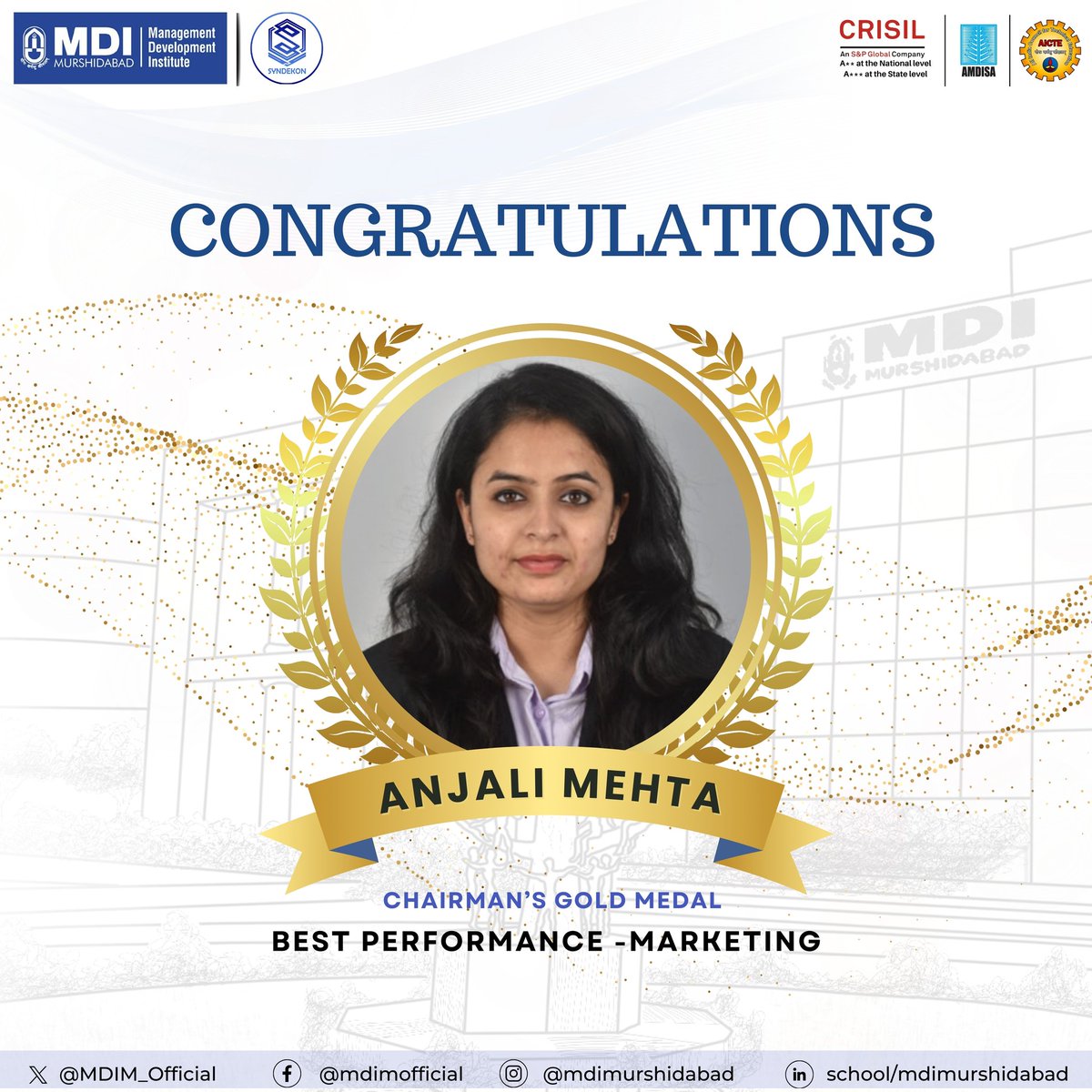 It gives immeasurable delight to #MDI Murshidabad to acknowledge Ms. Anjali Mehta's exemplary accomplishment, being bestowed with the Chairman's Gold Medal in #Marketing for the #PGDM class of 2022-24.
#MBA #MDIM #Management