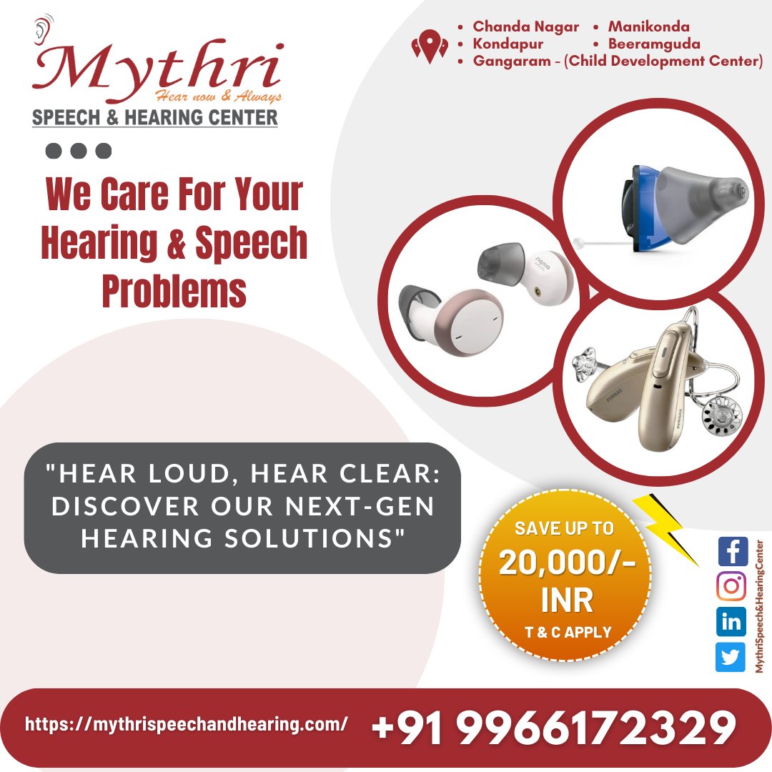 #HearLoud #HearClear #HearingSolutions #HearingAids #SpeechTherapy #MythriSpeechAndHearing #NextGenTechnology #Healthcare #Audiology #HearingLoss #SpeechProblems #Chandanagar #Kondapur #Manikonda #Gangaram #Beeramguda #HealthIsWealth #SaveMoney #SpecialOffer #QualityCare