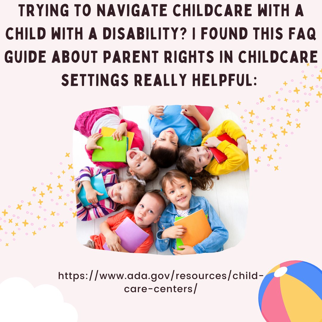 Do you have a child with a disability in a childcare setting? This FAQ about how childcare agencies serve kids with disabilities is really helpful--I found it useful with my son when he was in childcare. ada.gov/resources/chil…   #childcare #Disability #families #youngchildren