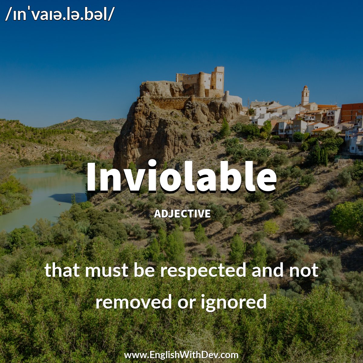Inviolable (🗣️ ɪnˈvaɪə.lə.bəl) - that must be respected and not removed or ignored

Example - Everyone has an inviolable right to protection by a fair legal system.

#EnglishWithDev #learnenglish #english #words #wordoftheweek #Inviolable #wordoftheday