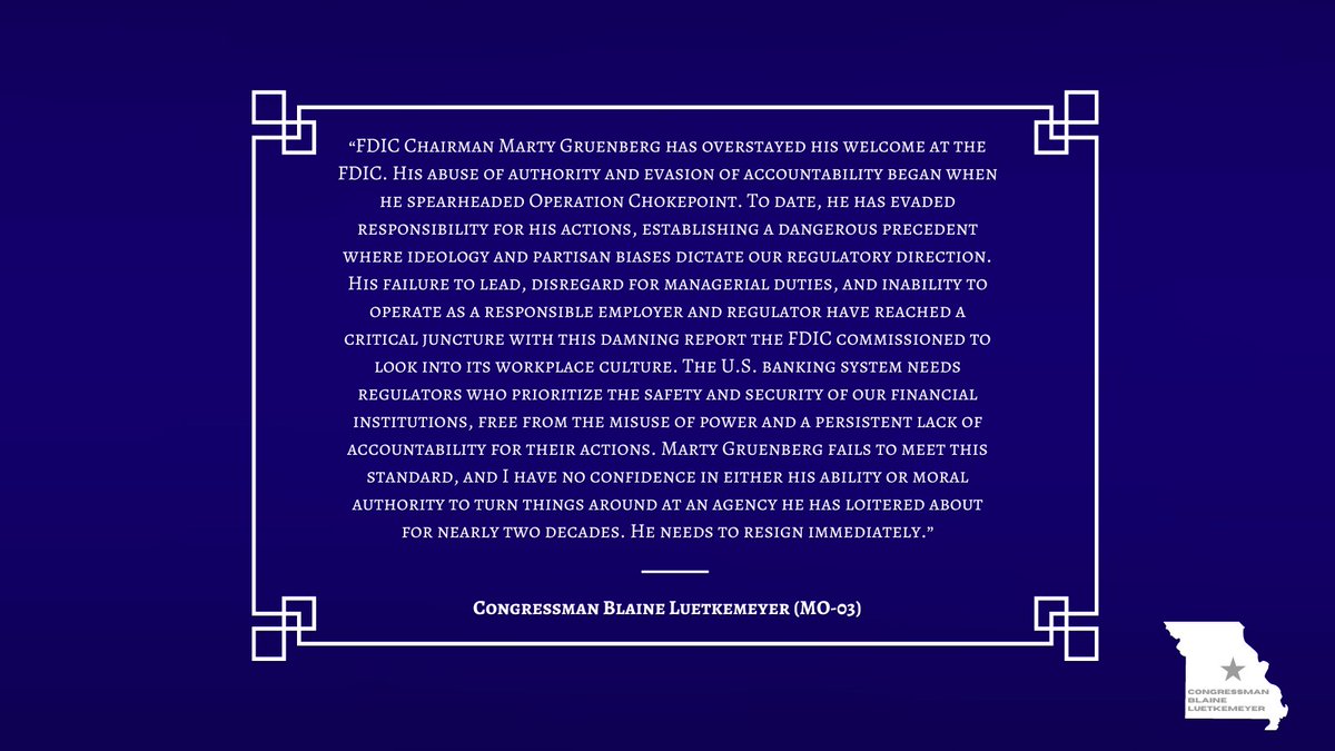 Chairman Marty Gruenberg has overstayed his welcome at the @FDICgov . His abuse of authority and evasion of accountability began when he spearheaded Operation Chokepoint. I have no confidence in either his ability or moral authority to turn things around at an agency he has…