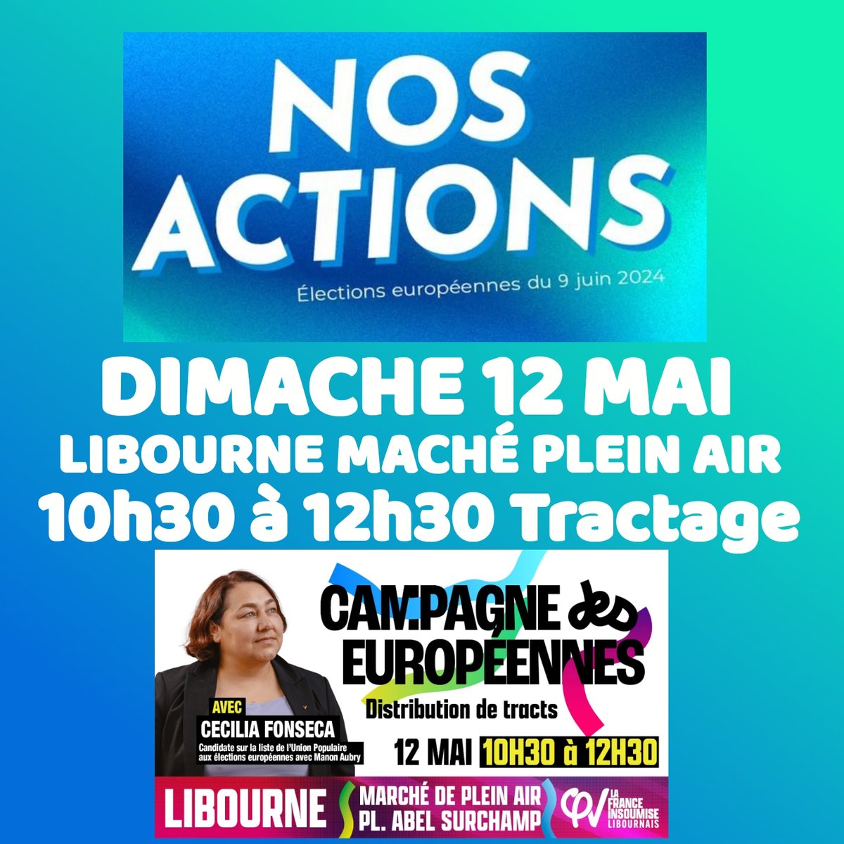 #libourne @SO_Libourne présence de la candidate de union populaire liste @ManonAubryFr sur le marché de libourne Le 12 mai de 10h30 à 12h30 #cecciliafonsceca de la Gironde