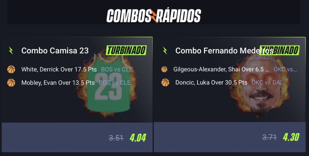 Temos combos IMPERDÍVEIS para os jogos de hoje na NBA! A Rivalry se juntou com Fe Medeiros e Camisa 23 pra TURBINAR sua fezinha na fase decisiva dos playoffs 🚀🏀 Isso aqui tá brabo demais, blz 👇