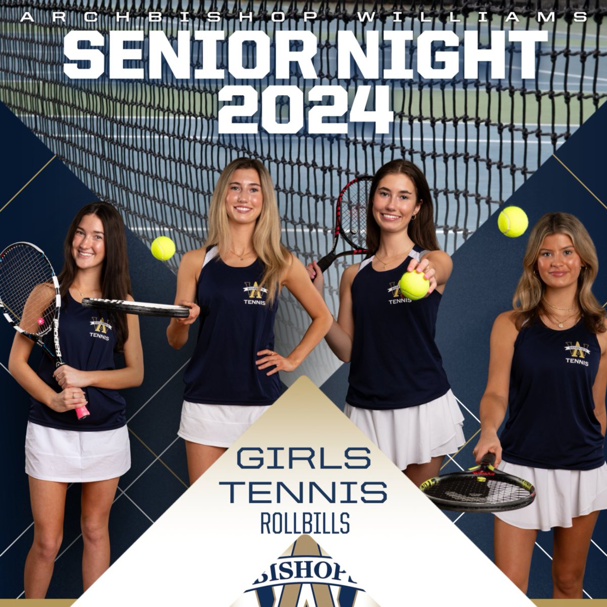 SENIOR NIGHT: Congratulations to Tennis seniors Alannah, Maria, Elle and Catherine! Thank you for all of your hard work and dedication to being a Bishop! @awhs.tennis @tennis_awhs #rollbills