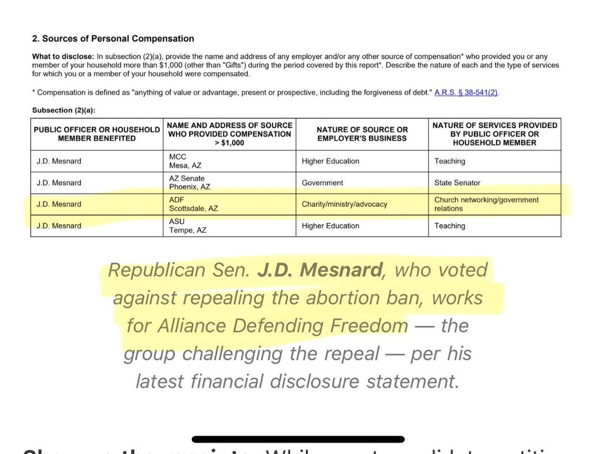 AZ State Senator @JDMesnard (LD13, Chandler) likes to pretend he’s a moderate… but per the @arizonaagenda, he’s raking in 💰from extremist hate group Alliance Defending Freedom. ADF not only fights abortion access, but also pushes vouchers and anti-LGBTQ policies 😡 🧵