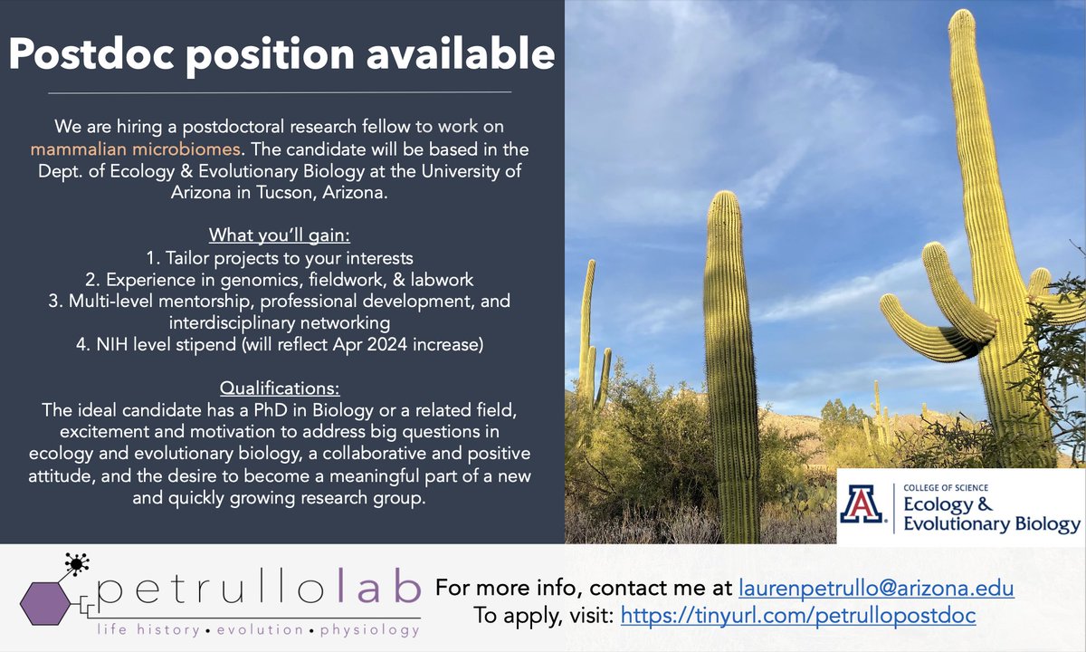 HIRING! Come postdoc in the beautiful southwest 🌵 

I'm recruiting a postdoc to work on mammalian microbiomes and physiological ecology.

More info in the ad below 👇 / contact me / apply here: tinyurl.com/petrullopostdoc