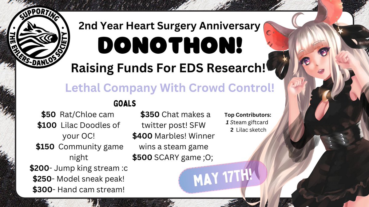 Hey all!! I'll be doing a Donothon on the 17th to raise funds for <a href="/TheEDSociety/">The Ehlers-Danlos Society</a> !! Come celebrate my 2nd year  of having a good ticker and create some chaos in lethal! We will also be playing other games also! :) Lets raise funds and awareness for a great cause! ♥