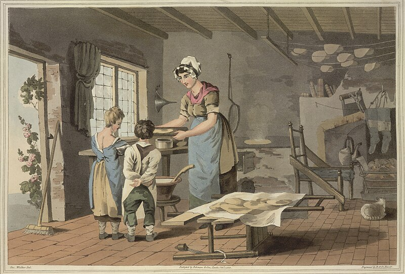 Did you guess what you could make yesterday? The riddleboard, ladle, bakestone (or bakstone) & knife were used to make Yorkshire oatcakes. This illustration from George Walker’s ‘Costume of Yorkshire’ 1812 shows them being made. Spot them drying above the fire!