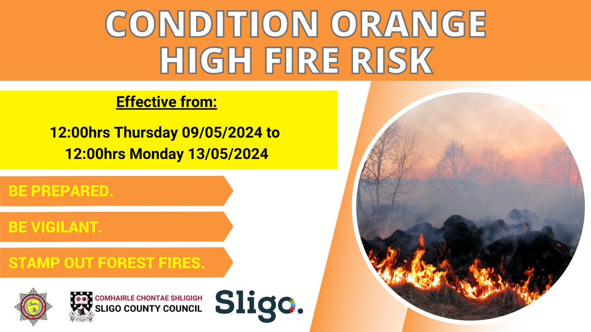 There is currently a 🔥𝗖𝗼𝗻𝗱𝗶𝘁𝗶𝗼𝗻 𝗢𝗿𝗮𝗻𝗴𝗲 𝗛𝗶𝗴𝗵 𝗙𝗶𝗿𝗲 𝗥𝗶𝘀𝗸🔥warning in place until 12 pm on Monday 13th May. Members of the public are urged to exercise caution during this phase of extremely dry weather. sligococo.ie/PublicNotices/… @FireSligo @sligo