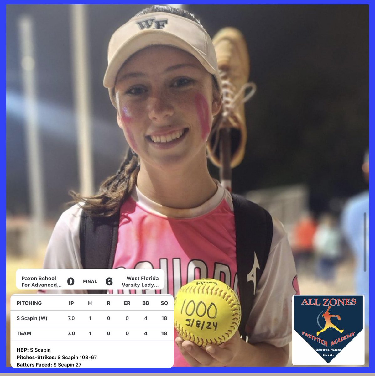 1000 High School Career Strikeouts.. Congratulations to Sydney Scapin (2024 - South Alabama Signed) on this amazing achievement. Pitched a gem last night for West Florida Jags to keep their post season going also. Congrats Syd and keep spinning it. @ScapinSydney