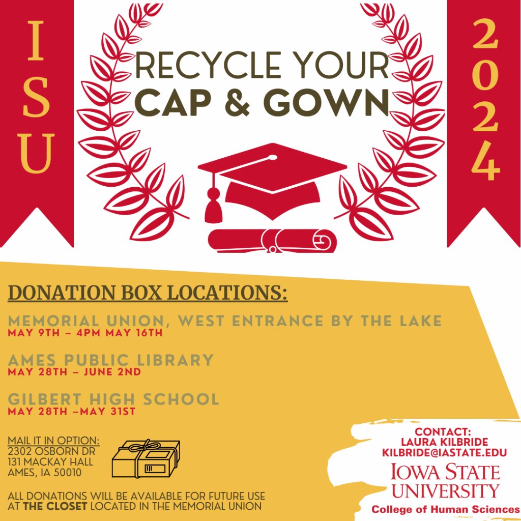 PAY IT FORWARD Donate grad caps/gowns for Cyclones in need, including students who experienced foster care and homelessness. Locations: 📍 @my_isu_mu west entrance, May 9-16 📍 Ames Public Library, May 28-June 2 📍 Gilbert HS, May 28-31 📦 2302 Osborn Dr., 131 MacKay Hall, 50010