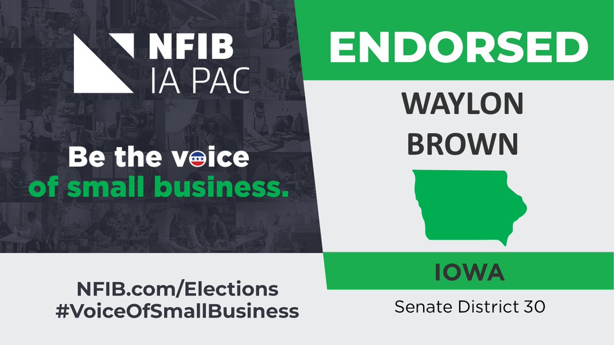 With skyrocketing inflation, burdensome mandates, & supply chain woes, it’s clear that Main Street needs support now more than ever. The NFIB Iowa PAC is proud to endorse NFIB Member @WaylonForSenate who knows firsthand what it takes to run a #smallbiz. #ialegis