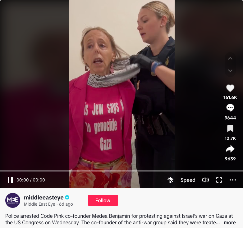 Got to applaud Code Pink!  As Madea is handcuffed, frisked, and escorted to jail she does not relent.  Even takes the opportunity to bird dog Rep Nadler in the hall. 

tiktok.com/@middleeasteye…

#CeasefireNOW @POTUS 
#Gaza #Israel #DefundTheWar #FundUNRWA