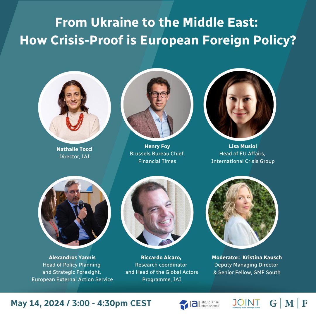 #SavetheDate 🇪🇺 From Ukraine to the Middle East: How Crisis-Proof is European Foreign Policy? 📆 May 14th 📍Brussels & Online This event is part of a larger series of conversations in collaboration with @joint_project & @iai. ➡️ RSVP: bit.ly/3JOE0Vl