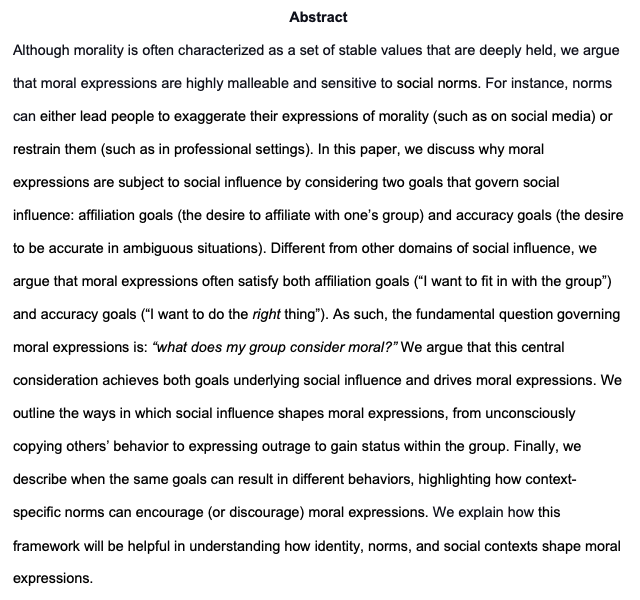 Our new paper explains how norms can lead people to exaggerate their expressions of #morality (on social media) or restrain them (in professional settings). We argue the key question governing moral expressions is: “what does my group consider moral?” osf.io/preprints/psya…