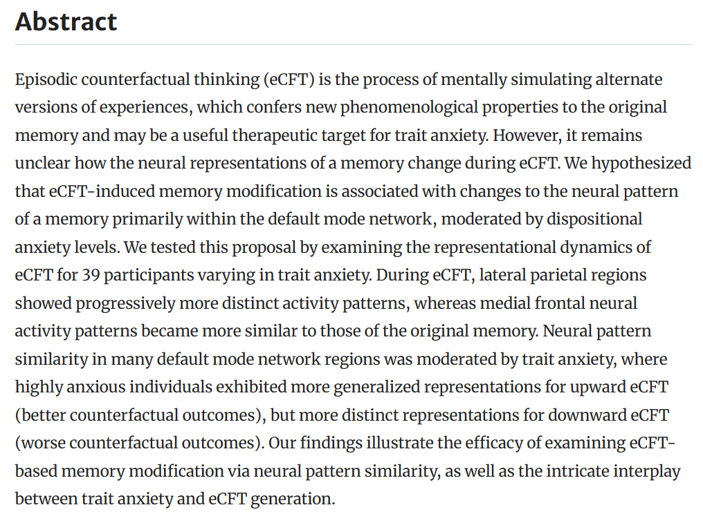 New paper 'Counterfactual thinking induces different neural patterns of memory modification in anxious individuals' out in @SciReports! Grateful to my coauthors! Leonard Faul, @drnatashaparikh, Kevin LaBar, and Felipe De Brigard @DukeBrain 🔗doi.org/10.1038/s41598…