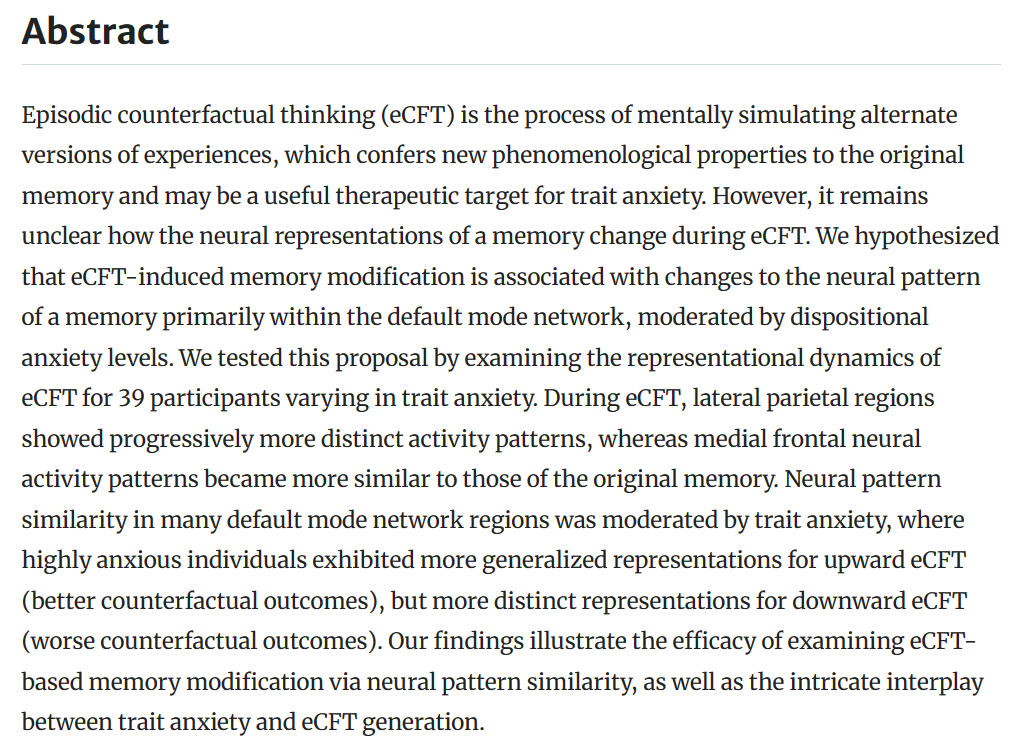 Shenyang Huang (@selfshenyang) on Twitter photo New paper "Counterfactual thinking induces different neural patterns of memory modification in anxious individuals" out in <a href="/SciReports/">Scientific Reports</a>!
Grateful to my coauthors! Leonard Faul, <a href="/drnatashaparikh/">Natasha Parikh</a>, Kevin LaBar, and Felipe De Brigard
<a href="/DukeBrain/">Duke Institute for Brain Sciences</a>
🔗doi.org/10.1038/s41598… New paper "Counterfactual thinking induces different neural patterns of memory modification in anxious individuals" out in <a href="/SciReports/">Scientific Reports</a>!
Grateful to my coauthors! Leonard Faul, <a href="/drnatashaparikh/">Natasha Parikh</a>, Kevin LaBar, and Felipe De Brigard
<a href="/DukeBrain/">Duke Institute for Brain Sciences</a>
🔗doi.org/10.1038/s41598…