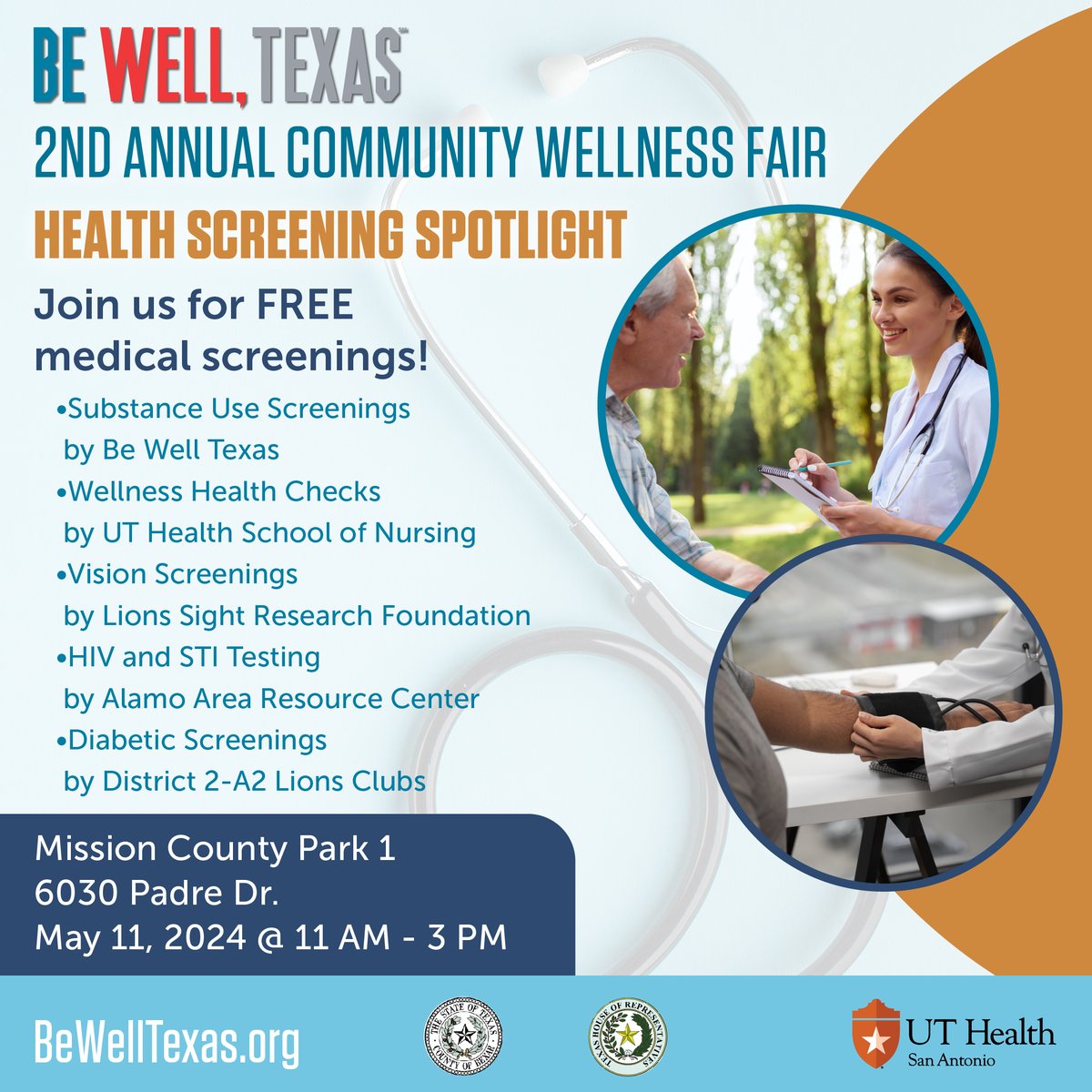 Join us on Saturday, May 11th at the #BeWellTexas 2nd Annual Community Wellness Fair to receive your FREE health and wellness checks! 🩺💙 #CommnityWellness #SanAntonio