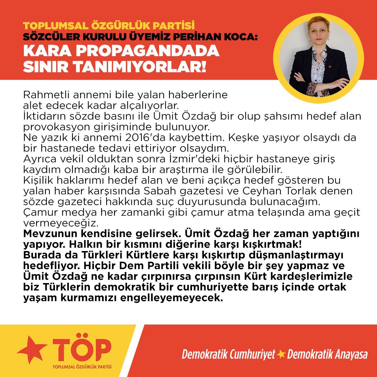 Sözcüler Kurulu üyemiz Perihan Koca'nın, kendisine yönelik Ümit Özdağ ve Yeni Akit ve Sabah Gazetesi'nin yürüttüğü alçakça provokasyona karşı açıklamasıdır.