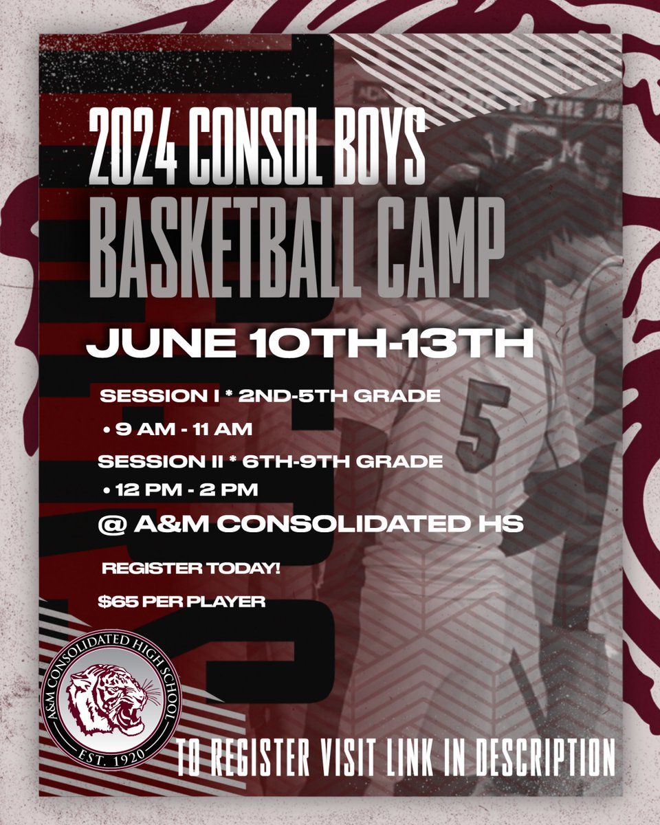 Summer '24 @Consolboyshoops Basketball Camp is quickly approaching! Mon. June 10th-Thurs. June 13th @ A&M Consolidated HS Register here: mhttps://csisd.ce.eleyo.com/course/548/athletics-summer-sports-camps-2024/tiger-boys-basketball