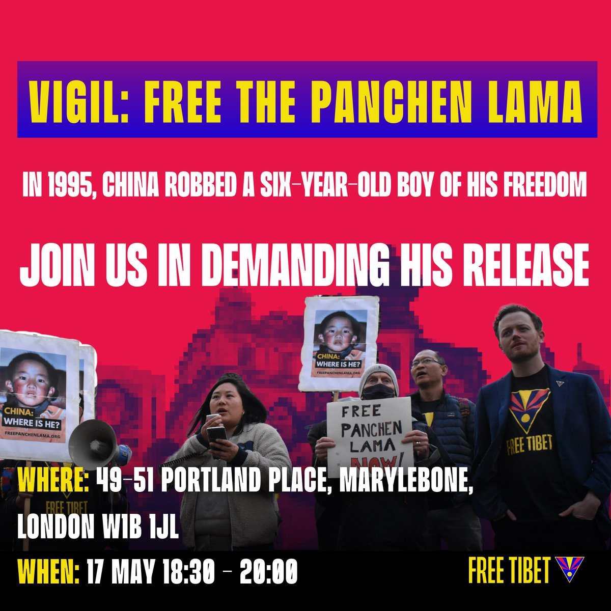 freetibetorg's tweet image. Join us on 🗓️ Friday 17 May, to show #China  the world is still thinking of Gedhun Choekyi Nyima, and how they robbed an innocent six-year-old boy of his freedom.

#PanchenLama #TibetsStolenChild #GedhunChoekyiNyima #FreeTibet #ReligiousFreedom #TibetanBuddhism