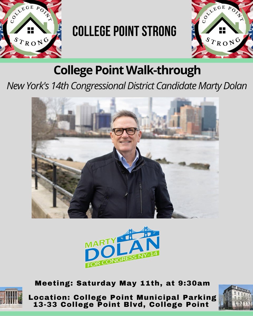 CollegePointCTA's tweet photo. College Point Strong is proud to announce a walk through with @MartyDolanNY

Meeting: Saturday May 11th, at 9:30AM

Starting Location: College Point Municipal Parking lot 13-33 College Point Blvd, College Point

#CollegePoint #collegepointcivic #collegepointstrong #MacNeilPark https://t.co/nrkazNp8QB