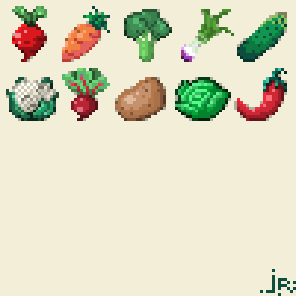 Cauliflower, potato and beetroot added 🥔
#pixelart #ドット絵 #vegetables 

Feel free to recommend some vegetables 👍