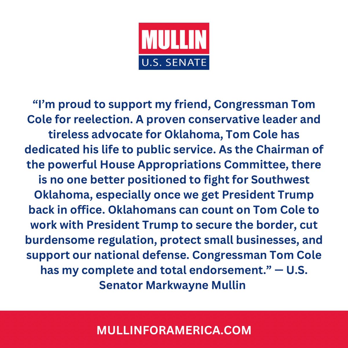 🚨ENDORSEMENT ALERT!🚨

I’m proud to support my friend, @TomColeOK04 for reelection.

Full statement: