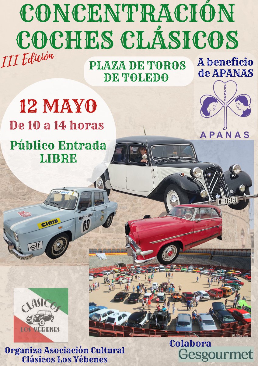 Este próximo domingo, 12 de mayo, la Plaza de Toros de Toledo acoge una concentración de vehículos clásicos organizada por la asociación cultural Clásicos de Los Yébenes a beneficio de APANAS. A partir de las 10 de la mañana y hasta las 2 de la tarde. La entrada es gratuita. 😉