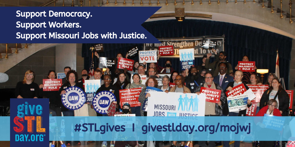 Democracy takes all of us to make it work and it takes all of us to protect it. Support #solidarity so we can continue to building the power we need to win in Jefferson City. Build power with us here: 🔗givestlday.org/mojwj #GiveSTLday #STLgives