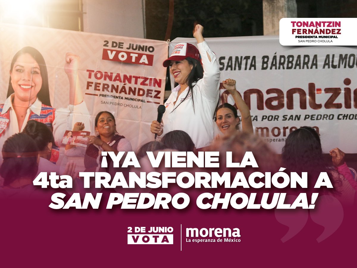 Estamos a muy pocos días para que la Cuarta Transformación llegue a #SanPedroCholula. ⭐️

Este 2 de junio vota por el verdadero cambio. Vota 6 de 6 #TodoMorena ✔️