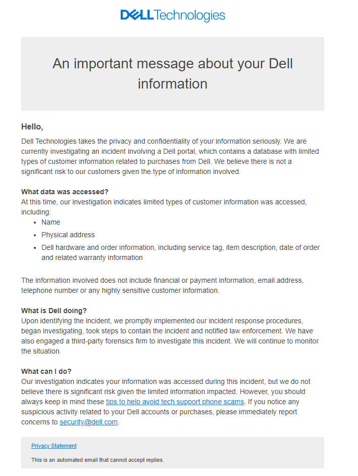 DarkWebInformer's tweet photo. 🚨#BREAKING🚨Looks Dell has been breached in some form with Name, Physical Address and Dell Hardware/Order information.
#CTI #Clearnet #Darknet #DarkWeb #DarkWebInformer #Cybercrime #Cybersecurity #Cyberattack #Infosec #Dell https://t.co/GEtqdtRKT7