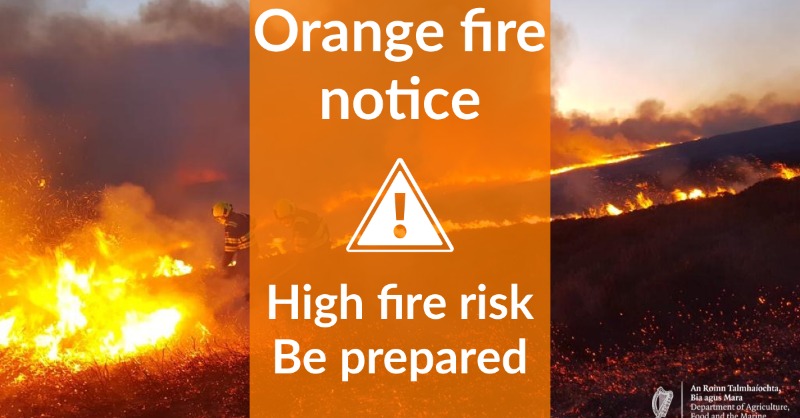Due to current weather patterns a high fire risk is deemed to exist in all areas where hazardous fuels such as dead grasses, heather and gorse exist. ⚠️Warning Effective From 1200hrs 09/05/2024 ⚠️Effective Period Expires 1200hrs 13/05/2024 ▶️gov.ie/pdf/?file=http…