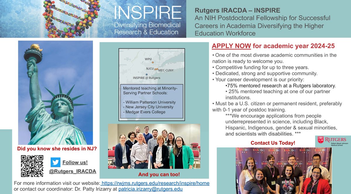 Apply now: Rutgers-IRACDA INSPIRE Postdoctoral Fellowship accepting applications for the 2024-2025 cohort. @Rutgers_IRACDA Fellows combine biomedical research and active learning to encourage URM students in STEM. rwjms.rutgers.edu/research/inspi… Qs to: pairiba@rwjms.rutgers.edu