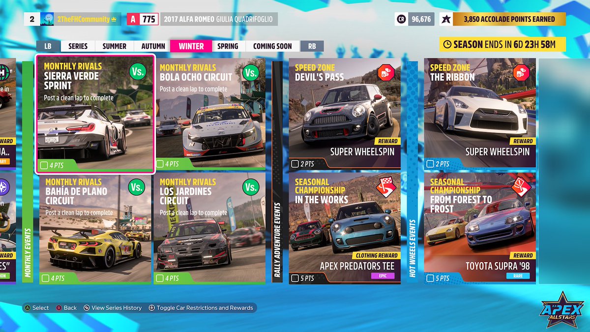 It's the start of week 3 of Apex AllStars (Series 33) in Forza Horizon 5! That means that it's Winter (Dry Season) and there's a brand-new playlist to get stuck into, with cars to unlock along the way. Overall, there are 8 cars to be won in winter as follows: > ’05 Mitsubishi