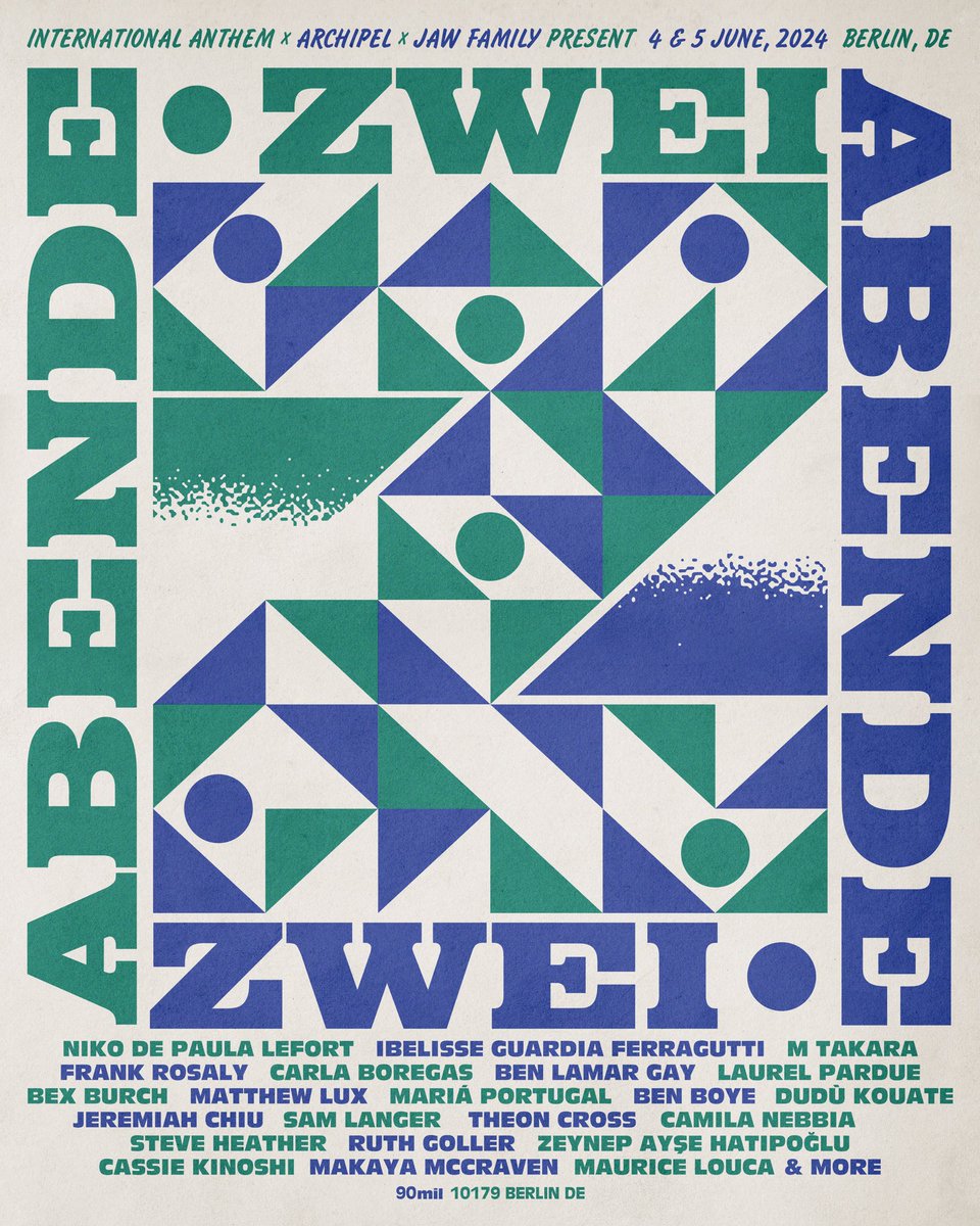 << ZWEI ABENDE >> Two evenings in Berlin. @intlanthem & Archipel Community Radio & @jawfamily proudly present this almost unbelievable convergence of international musicians June 4th and 5th at multidisciplinary community space 90mil.