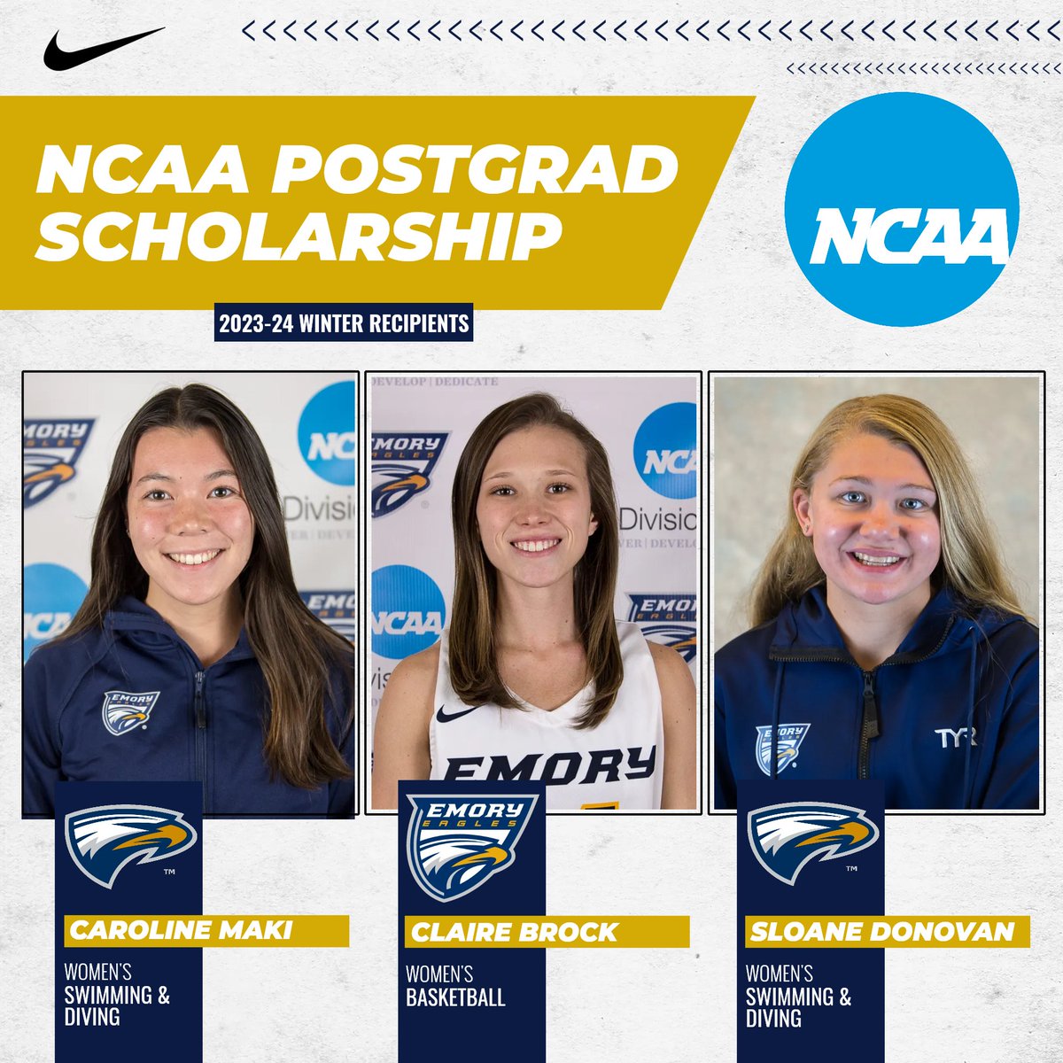 𝐏𝐎𝐒𝐓𝐆𝐑𝐀𝐃 𝐒𝐂𝐇𝐎𝐋𝐀𝐑𝐒 👏👏👏 A huge congratulations to Caroline Maki, Claire Brock and Sloane Donovan for becoming the latest recipients of the prestigious NCAA Postgraduate Scholarship! Full Release: emory.prestosports.com/general/2023-2… #FlyHigher