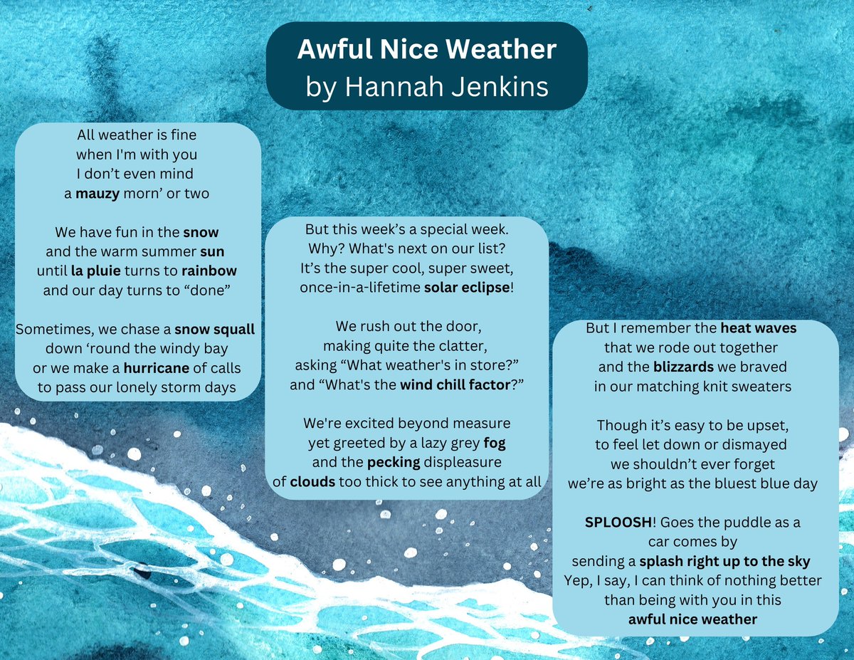 Check out the poem our Youth Advocate Hannah Jenkins created at @NLPubLibraries to celebrate #NationalPoetryMonth!

Using weather-related words contributed by Library patrons, Hannah put together this lovely poem titled 'Awful Nice Weather.' 🌧❄️☀️☔️🌦