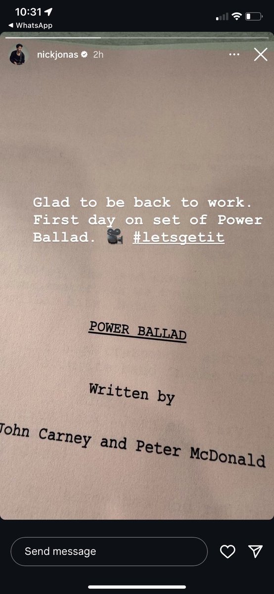 📍 @nickjonas en su historia de Instagram “Feliz de estar de vuelta en el trabajo. Primer día en el set de Power Ballad. 🎥 #letsgetit”