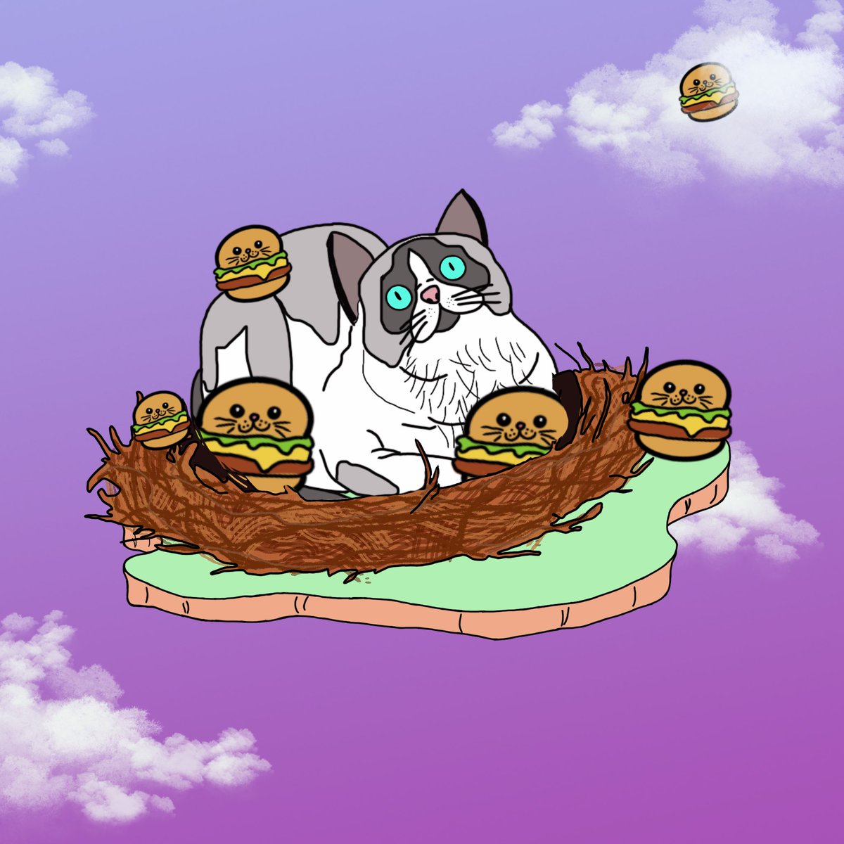 Happy Thursday!🫶🏼

Have you ever seen a cat brooding burgers?👀🍔

Available on @opensea 

1/1

#Crypto #nftartforsale #nftpolygon #thursdaymorning #nftcollectible