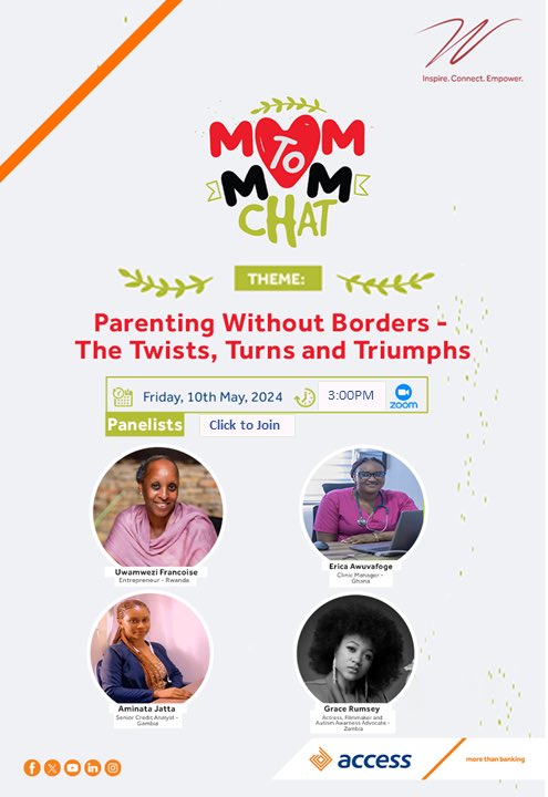 To all the moms! Get ready to be inspired and uplifted. Join our Mom to Mom Chat webinar dubbed 'Parenting without Borders: The twists, turns, and triumphs' on 10th May 2024. Link: us06web.zoom.us/j/82538229078?… Passcode: MOM2MOM #MomToMomChat #MoreThanBanking