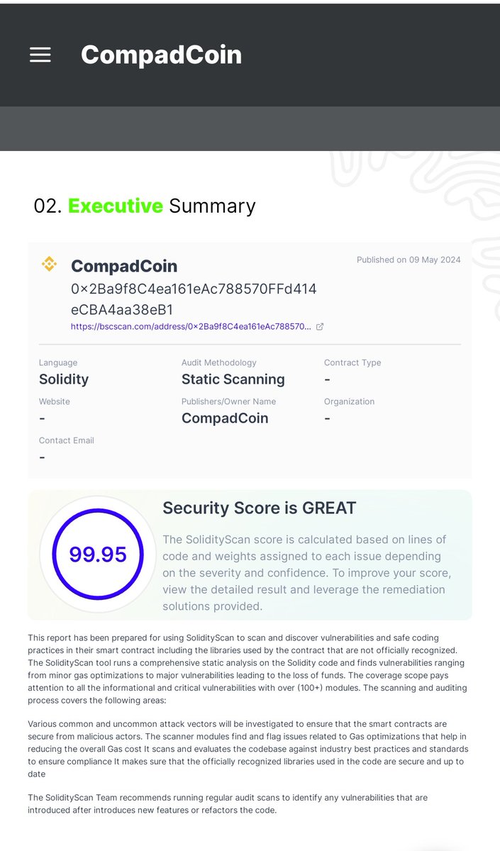 Exciting Announcement: Successful Smart Contract Audit by @CredShields and @SolidityScan Dear Investors, We are thrilled to share some exciting news with you: The smart contract audit conducted by @CredShields and @SolidityScan has been completed successfully! This marks a