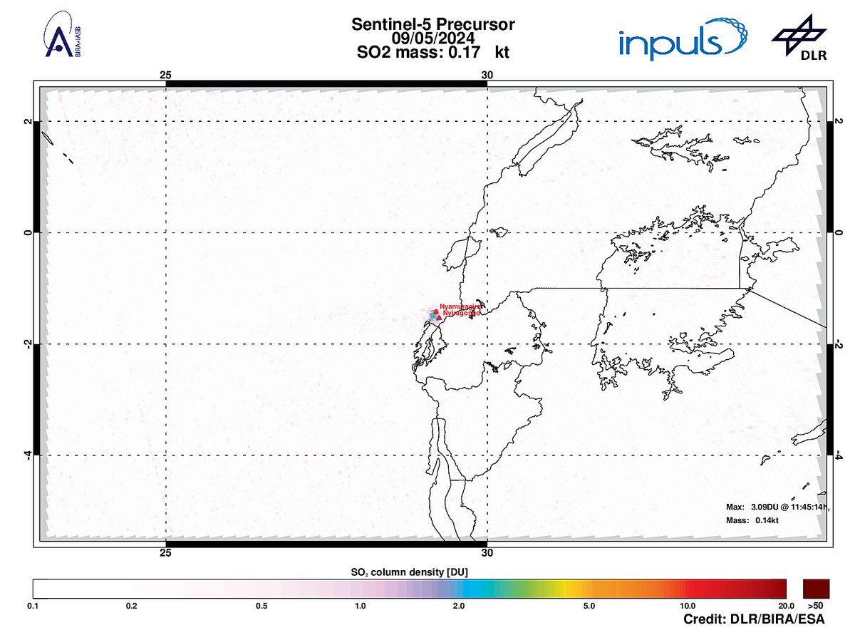 On 2024-05-09 #TROPOMI has detected an enhanced SO2 signal of 3.09DU at a distance of 7.3km to #Nyamuragira. Other nearby sources: #Nyiragongo. #DLR_inpuls @tropomi #S5p #Sentinel5p @DLR_en @BIRA_IASB @ESA_EO #SO2LH