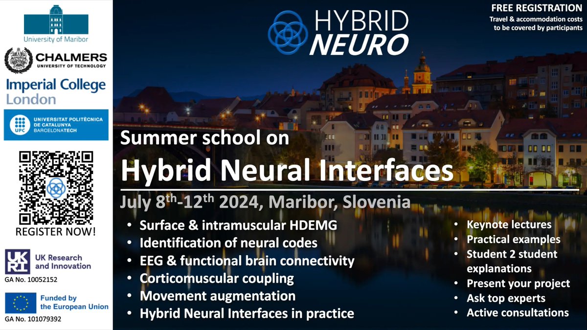 Applications are open for the »Hybrid Neural Interfaces« Summer School, which will take place from 8th to 12th of July in Maribor, sLOVEnia. Centred around the themes of hdEMG decomposition, MU behaviour, and much more. hybridneuro.feri.um.si/summerschools/…