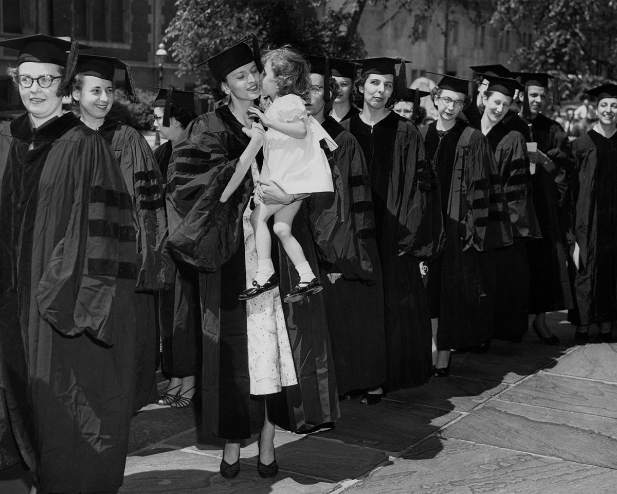 Sending our best wishes the Drexel College of Medicine Class of 2024. Cheers to you, and to the ones who kept you going along the way. #DrexelMed2024 📷:Three-year-old Alexandria kisses her mother, Marjorie Oakes Strawn during Woman's Medical College of PA Commencement, 1952.