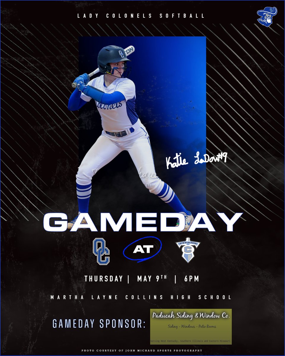 📢 It’s Game Day‼️
⏰ 6:00p
🆚 Collins
📍 Martha Layne Collins High School
📊 bit.ly/ochssbgc
🎟 Cash Gate
🤝 OCHS GameDay Sponsor: Paducah Siding & Windows
paducahsiding.com

@OCColonelNation 
#LadyColonelsSoftball
#WeAreOC